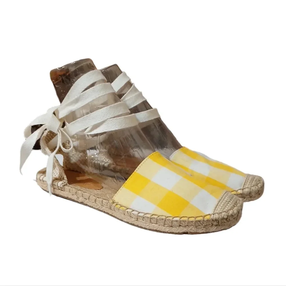 J CREW YELLOW AND WHITE GINGHAM LACE UP D'ORSAY ESPADRILLE SANDALS 6.5